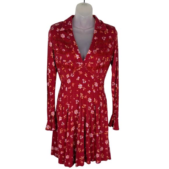 Free People GOOD DAYS Floral Long Sleeve Mini Dress in Red Pop Combo XS NWT $128 - Picture 5 of 9